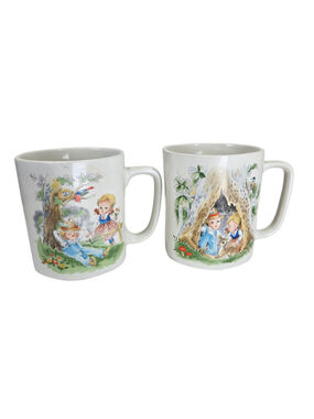 Vintage 1950s Storybook Ceramic Coffee Mugs Set of 2 Hexagon Japan